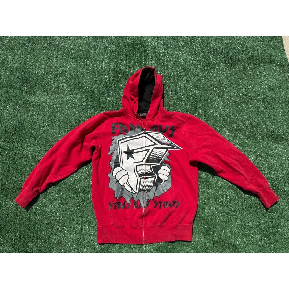 Vintage Famous Stars And Stripes Mens Graphic Hoodie Size Large Red Full Zip Y2K